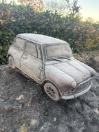 22nice4me Garden Statues concrete Mini Minor car ornament with detailed bodywork, wheels, and natural grey finish.