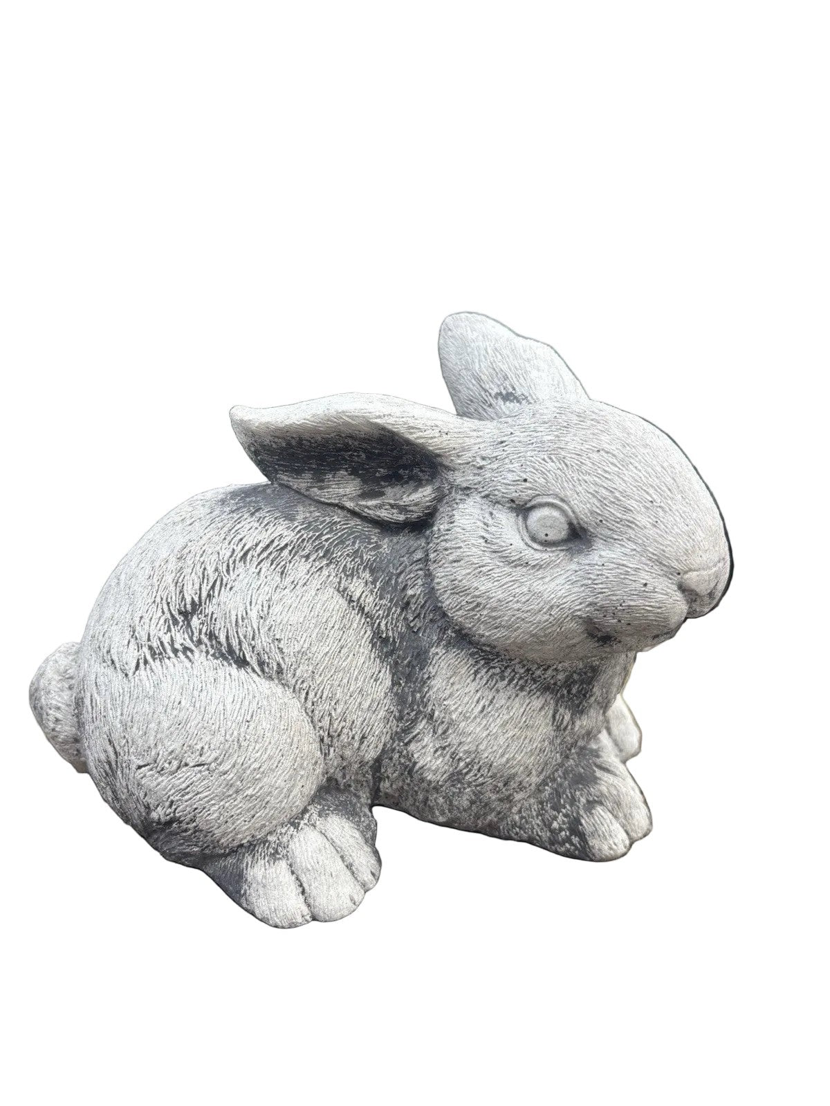 handcrafted grey concrete rabbit garden ornament with realistic textured fur details
