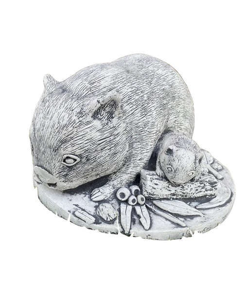 22nice4me Garden Statues handcrafted concrete wombat and baby sculpture with eucalyptus leaf detail