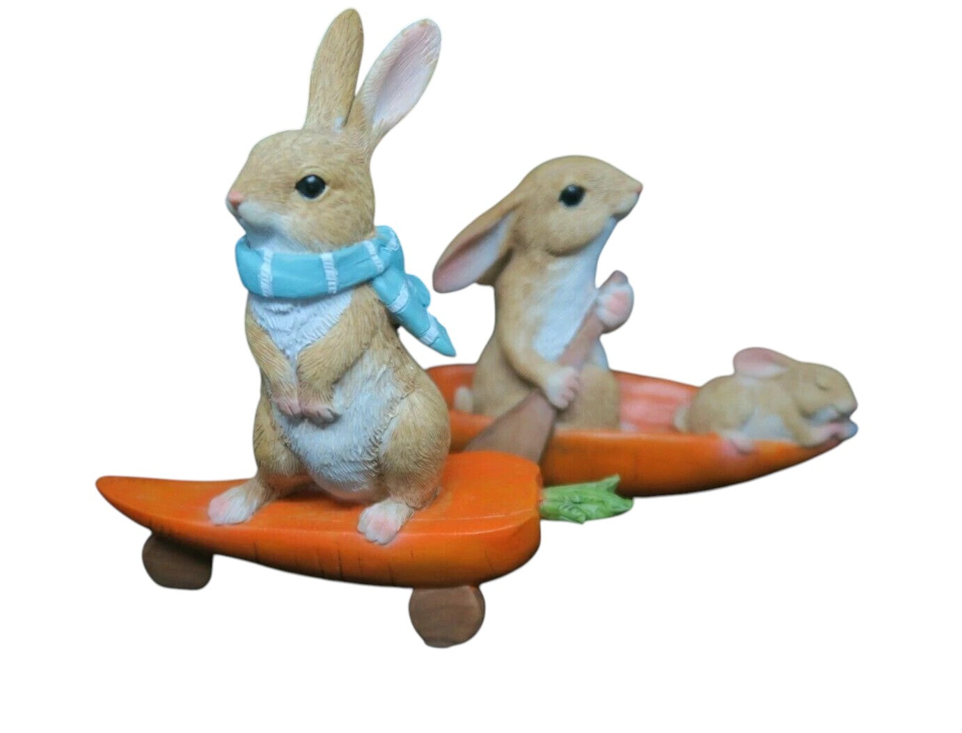 RABBIT BUNNY WITH SKATEBOARD CARROT AND CANOE STATUE ORNAMENT FIGURINE